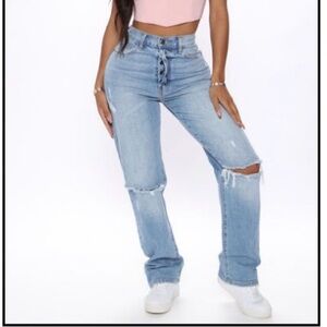 Fashion Nova Light Blue Ripped Straight Leg Jeans